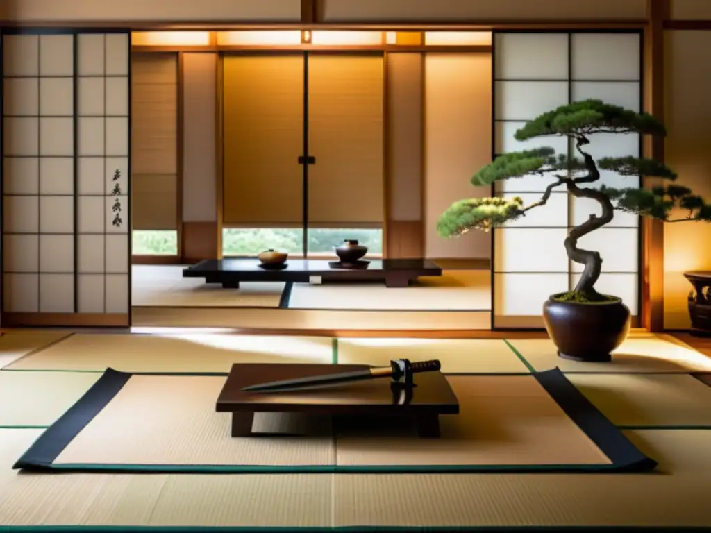 Un salón minimalista con suelo de tatami japonés y una exposición de impresionantes espadas samurái