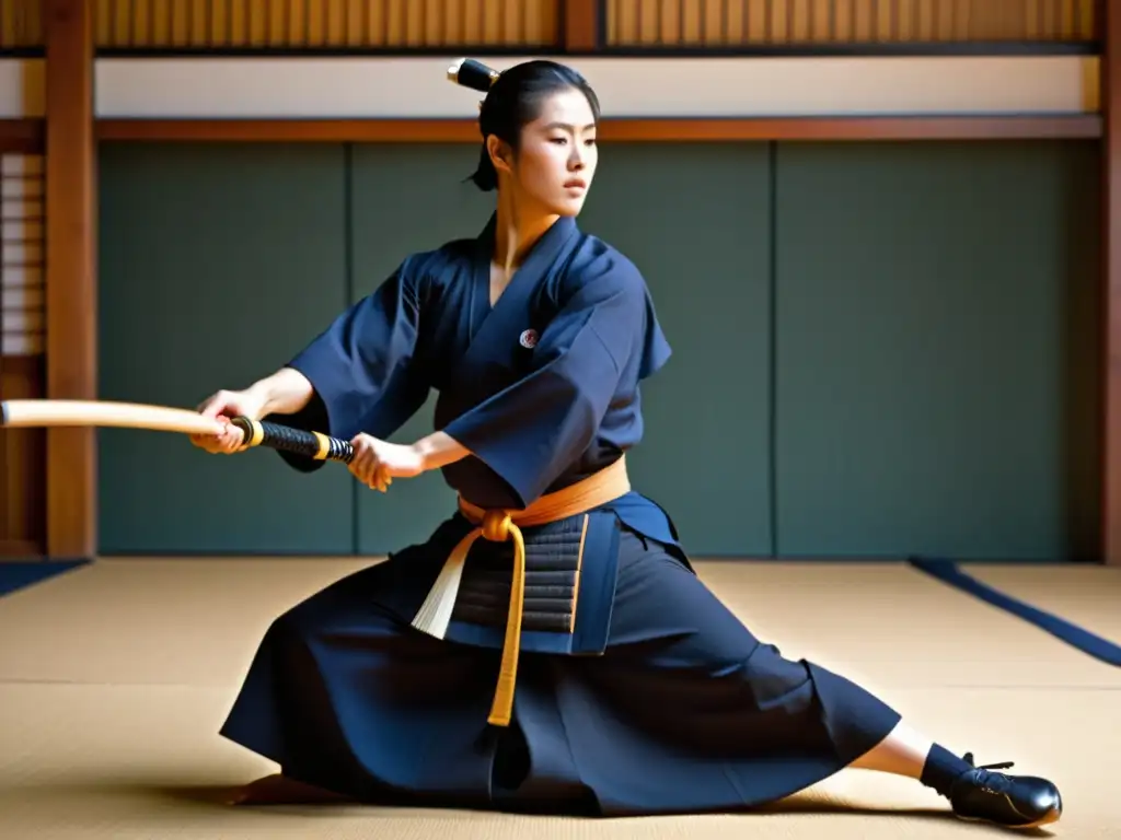 Un samurái ejecuta con precisión y agilidad katas de Kendo en un dojo sereno, evocando disciplina y dedicación