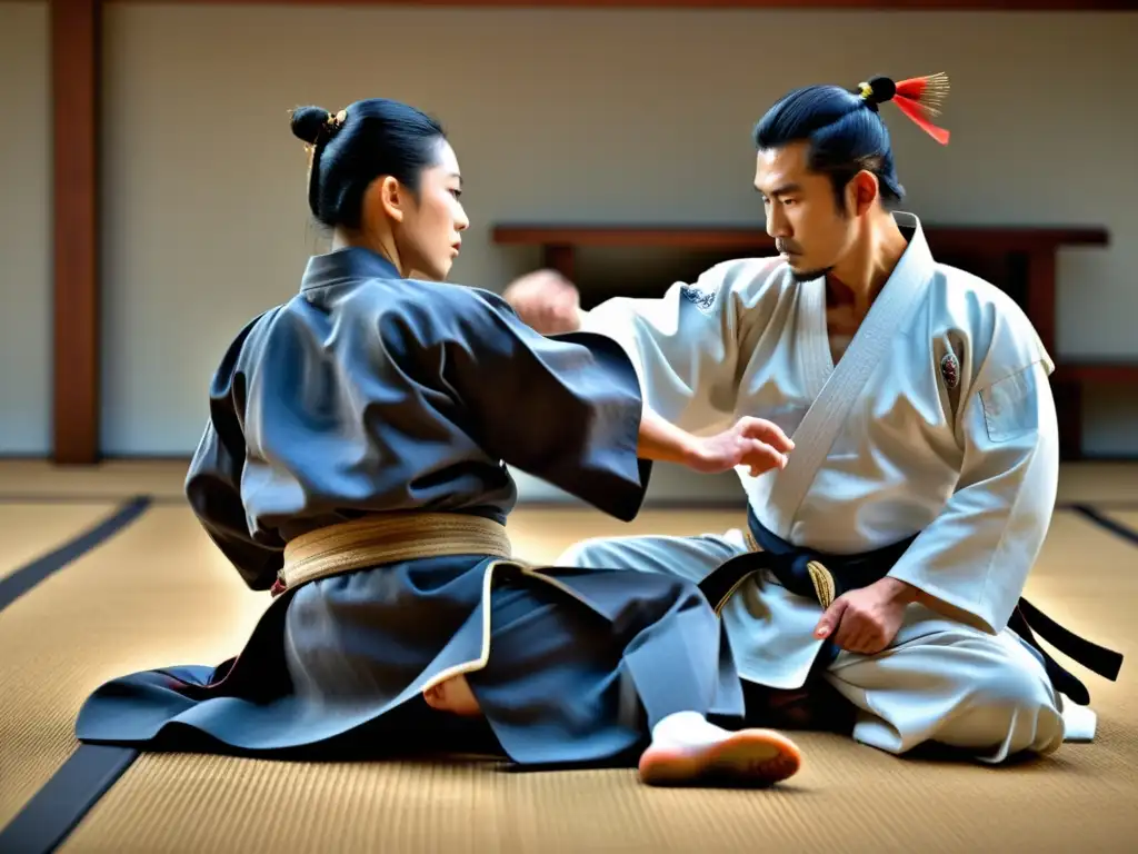 Un samurái de Aikido de alto rango ejecuta una técnica poderosa y precisa, mostrando fuerza y gracia en el dojo, con una roda de capoeira de fondo