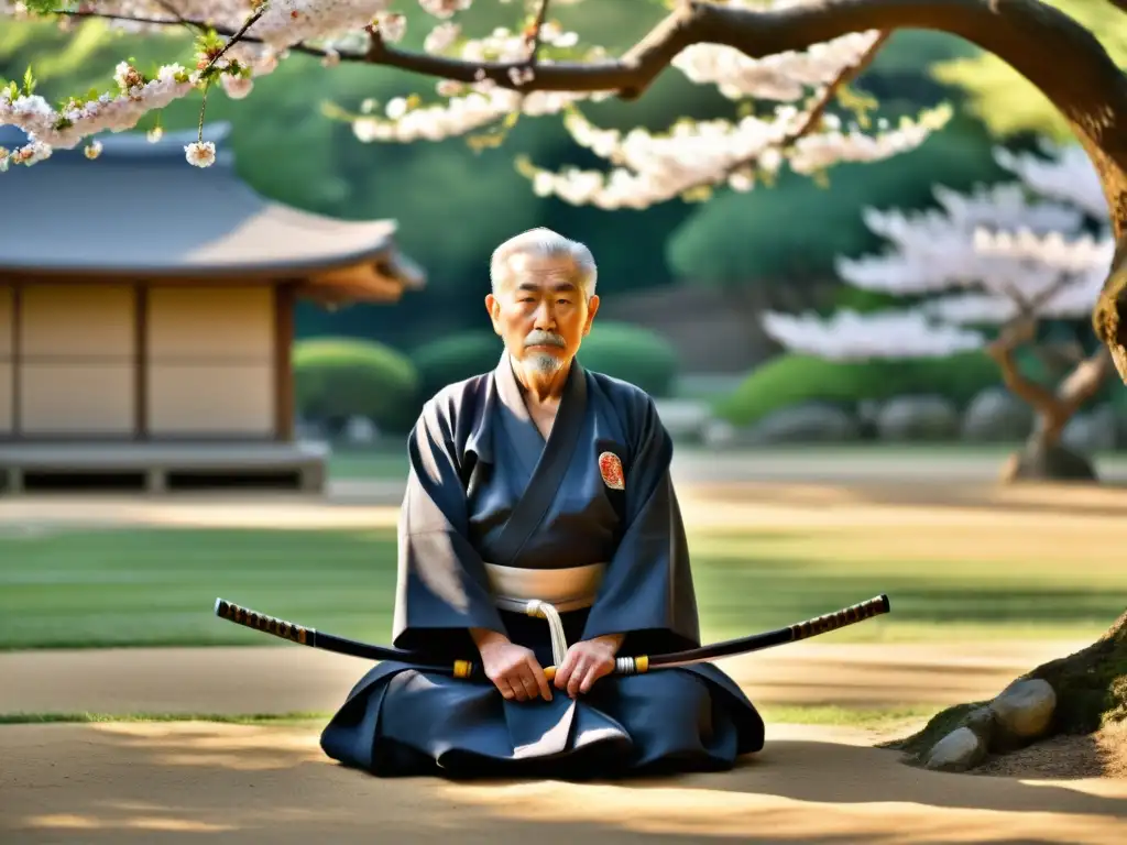 Un samurái anciano enseña Kyudo a sus hijos bajo los cerezos en flor al atardecer, creando una atmósfera serena y atemporal