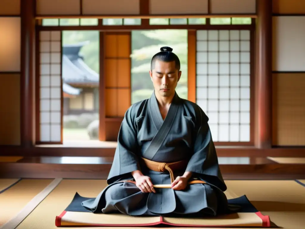 Un samurái antiguo medita en un templo japonés, transmitiendo calma y concentración