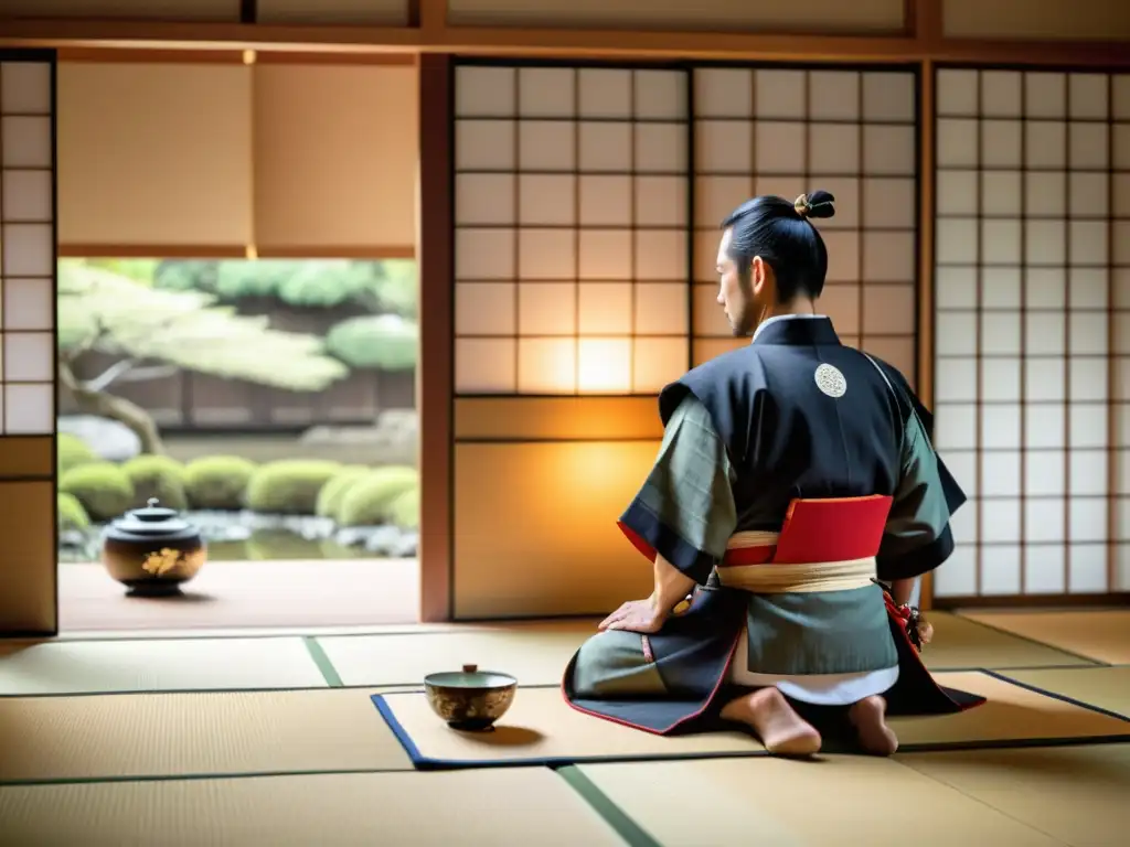 Un samurái en armadura observa una ceremonia de té en una habitación tradicional japonesa, con jardín zen de fondo