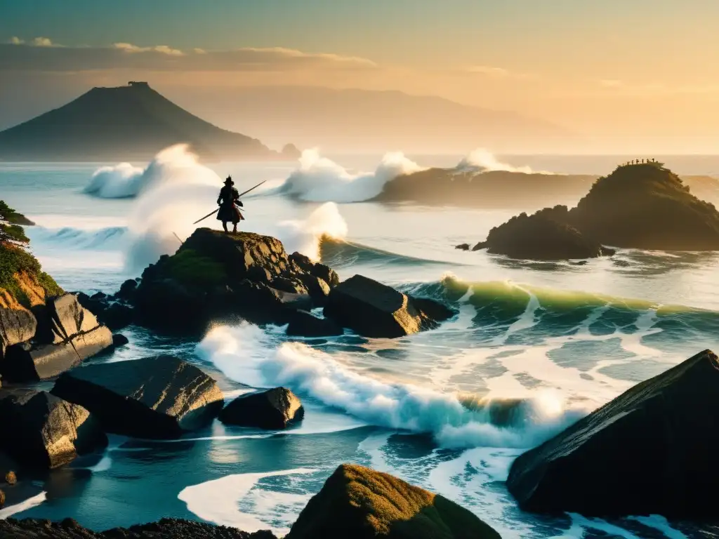 Un samurái en armadura observa la costa japonesa al atardecer, mientras barcos Wokou navegan en el horizonte