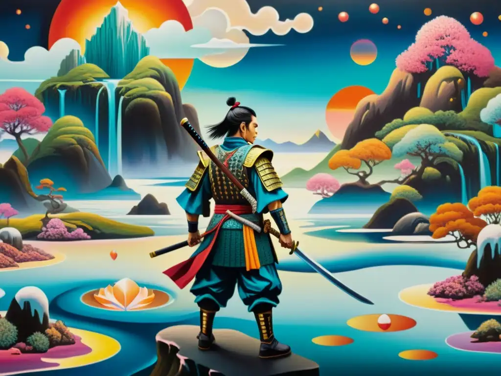 Samurái surrealista: pintura al óleo deslumbrante Un samurái con armadura detallada en un paisaje surrealista de relojes derretidos y islas flotantes