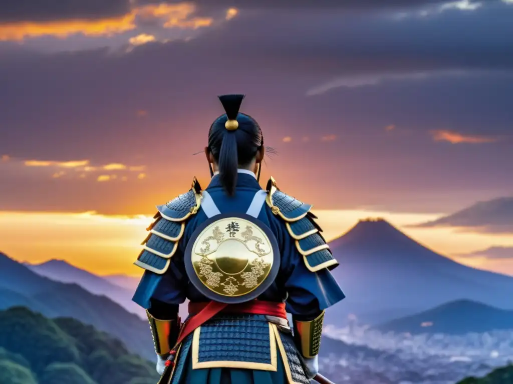 Samurái Shimazu Tadatsune en armadura tradicional, con abanico de guerra, ante atardecer en fortaleza montañosa