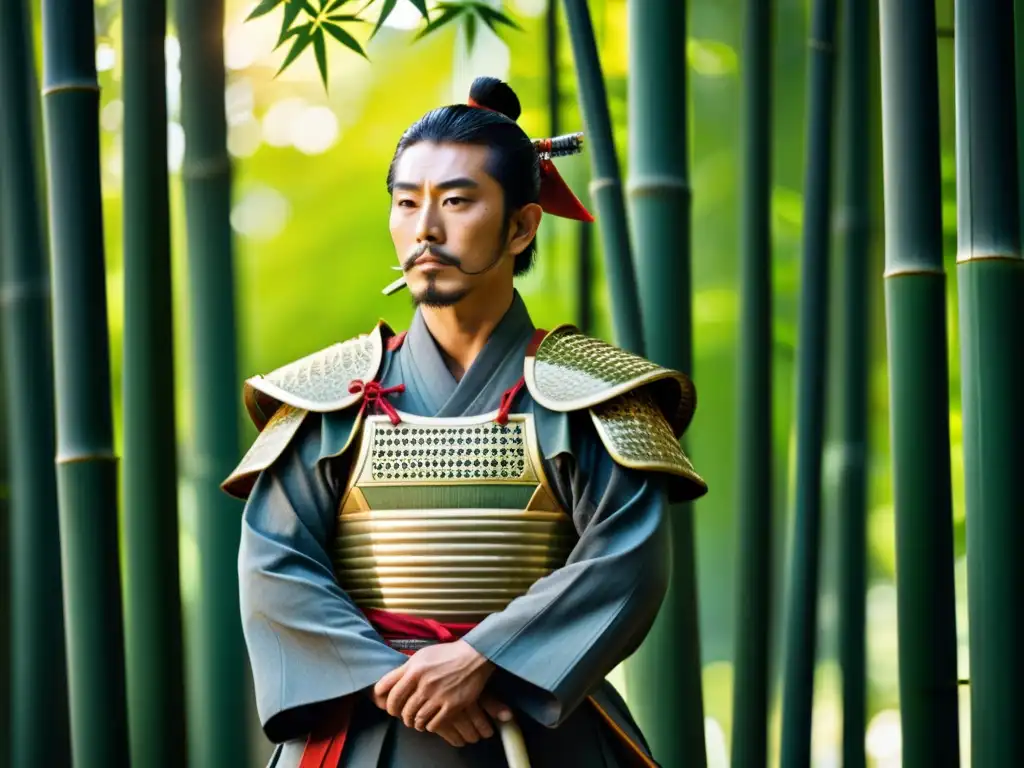 Un samurái en armadura tradicional destaca en un bosque de bambú, capturando el impacto cultural de los samuráis en el cine