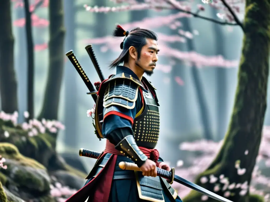 Samurai en el bosque de cerezos Un samurái en armadura tradicional se prepara para el combate en un bosque neblinoso con pétalos de cerezo cayendo a su alrededor