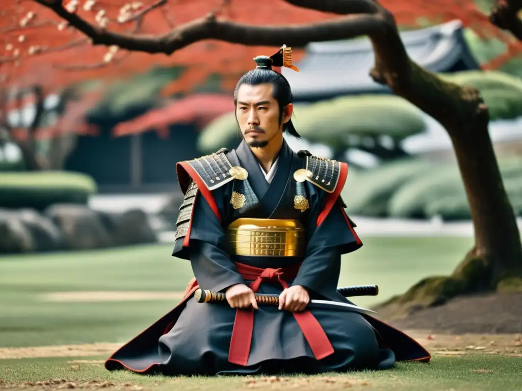 Samurái desafiando a misioneros bajo cerezo en jardín japonés Un samurái en armadura tradicional sostiene una katana mientras observa a los misioneros jesuitas en un jardín japonés