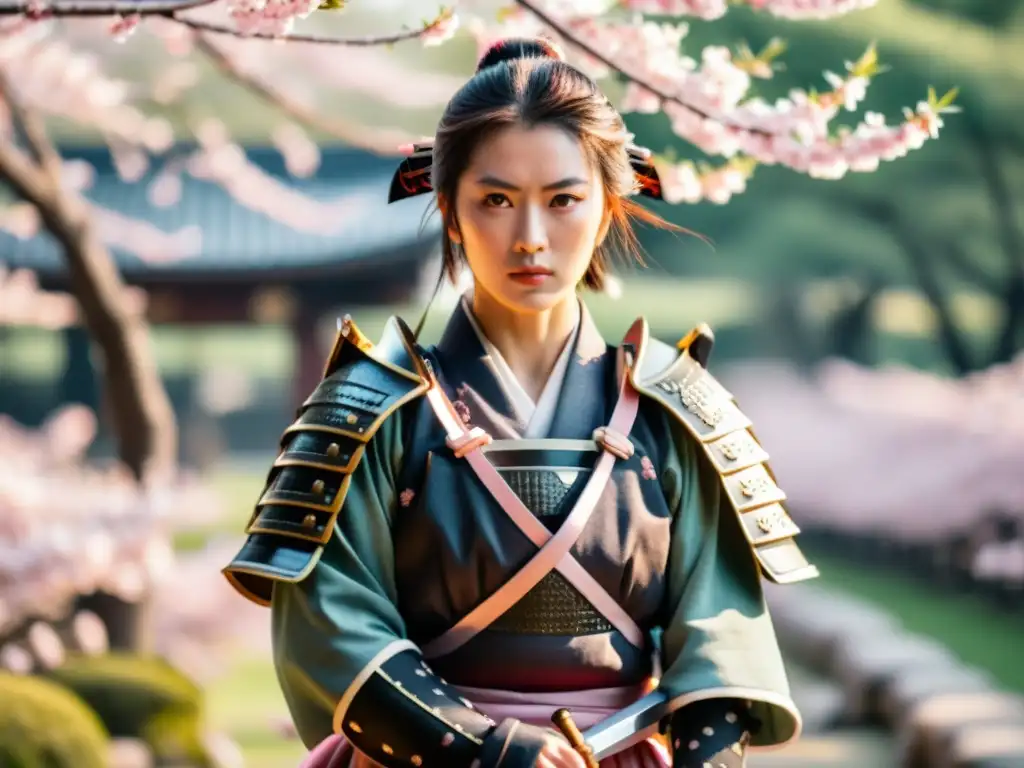 Samurái femenina en armadura tradicional entre cerezos en flor Una samurái en armadura tradicional, lista para entrenar en un jardín de cerezos
