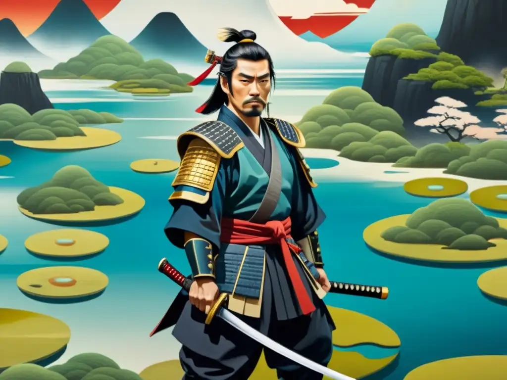 Samurai en paisaje surrealista: fusión de estilos Un samurái con armadura tradicional en un paisaje surrealista de islas flotantes y elementos oníricos