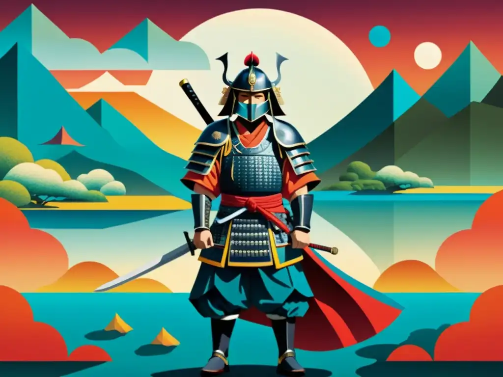 Samurai surrealista: armadura tradicional en un paisaje onírico Un samurái en armadura tradicional ante un paisaje surrealista de formas geométricas flotantes