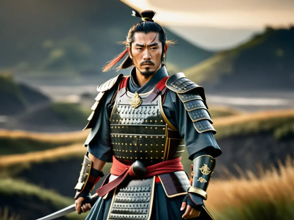 Un samurái con armadura tradicional en un paisaje de batalla, mostrando la importancia de las armaduras samurai en la historia y la cultura japonesa