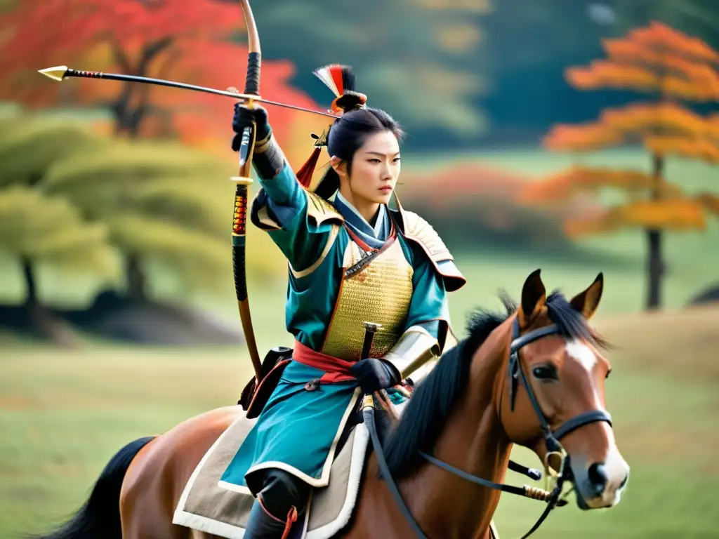 Un samurái arquero en un campo de batalla japonés, muestra disciplina y determinación al empuñar su arco y flecha con destreza