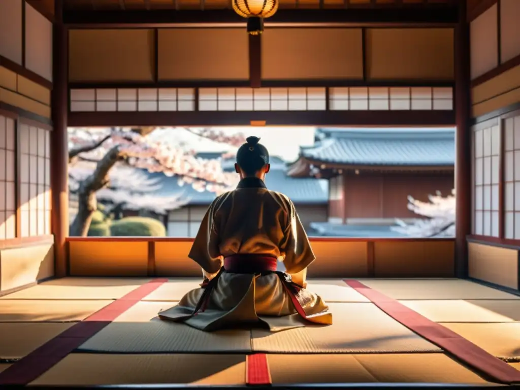 Un samurái practica su arte en un dojo al amanecer, rodeado de poesía y alma guerrera bajo los cerezos en flor