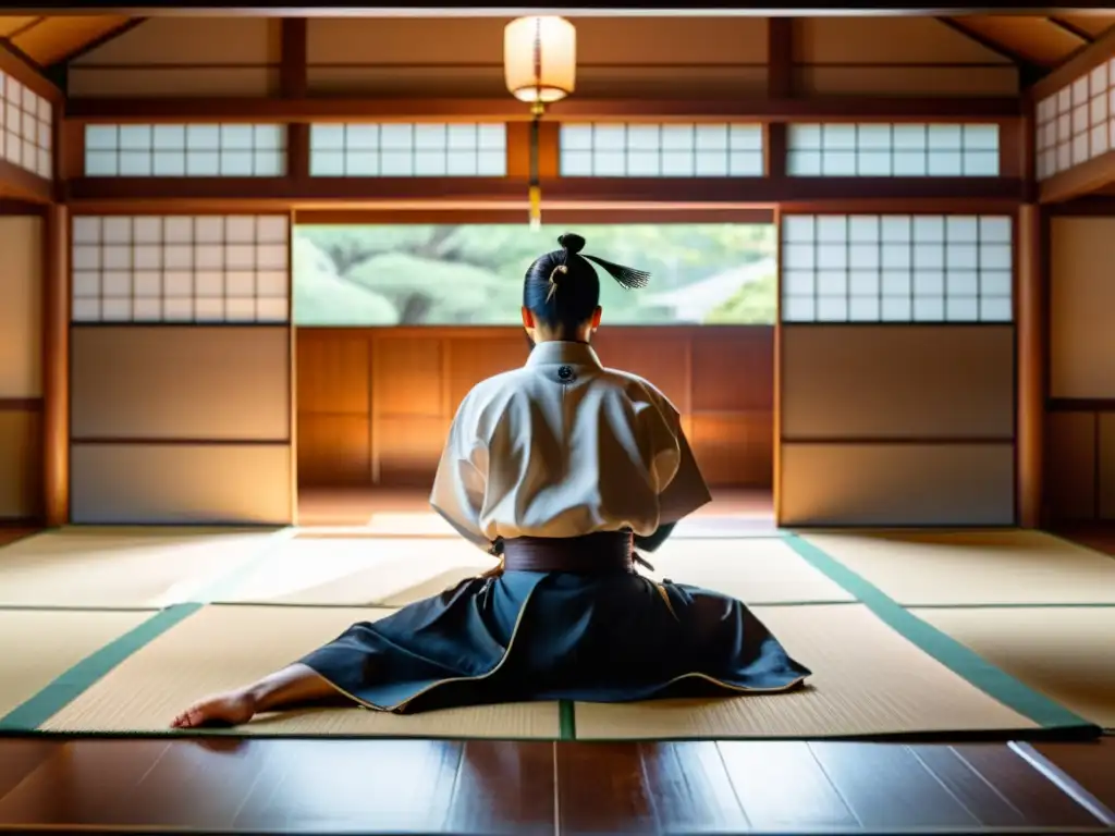 Un samurái practica artes marciales en un dojo japonés tradicional, iluminado por luz natural