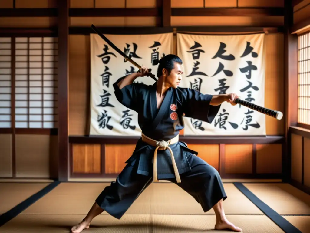 Un samurái practicando artes marciales en un dojo tradicional, reflejando la disciplina y tradición del entrenamiento día a día en castillo samurái