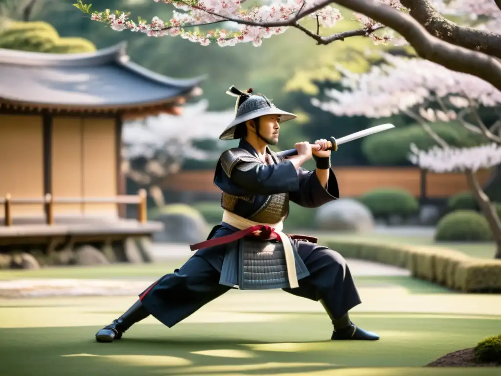 Samurai en dojo japonés: gracia y disciplina Un samurái practica artes marciales en un dojo japonés, rodeado de la belleza serena de un jardín japonés con árboles de cerezo en flor