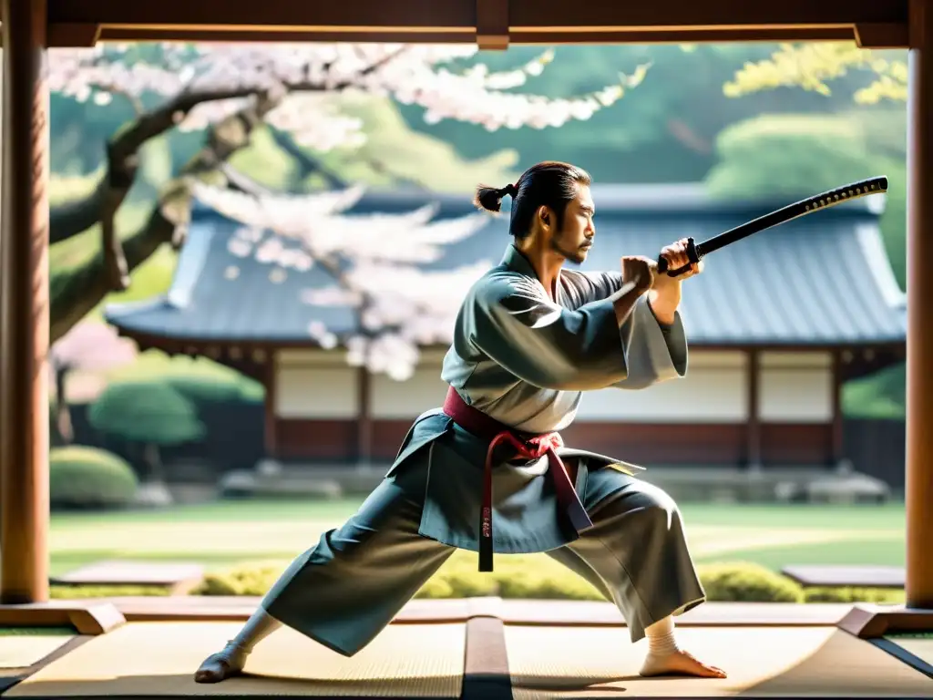 Un samurái practica artes marciales en un dojo sereno, rodeado de árboles de cerezo en flor