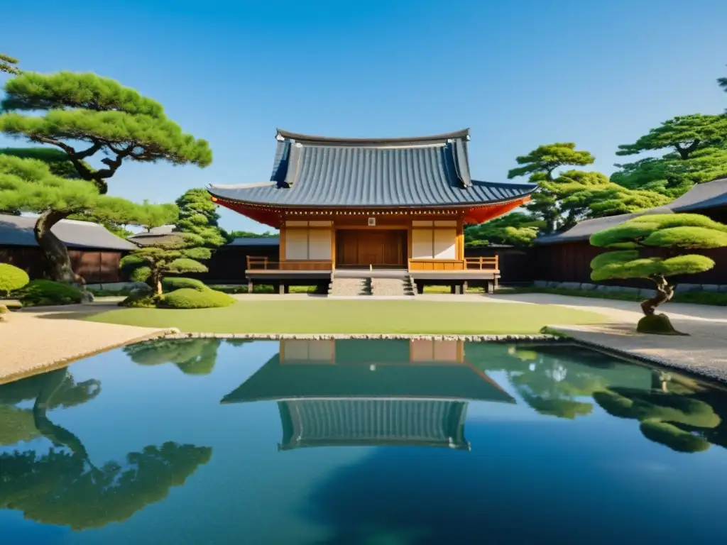 Un samurái practica artes marciales en un jardín japonés, mostrando la ética samurái para el éxito