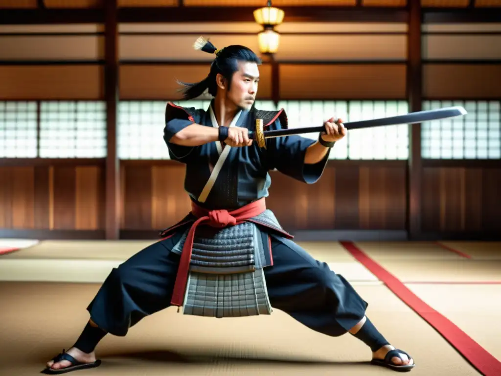 Un samurái practica artes marciales con una katana en un dojo tradicional