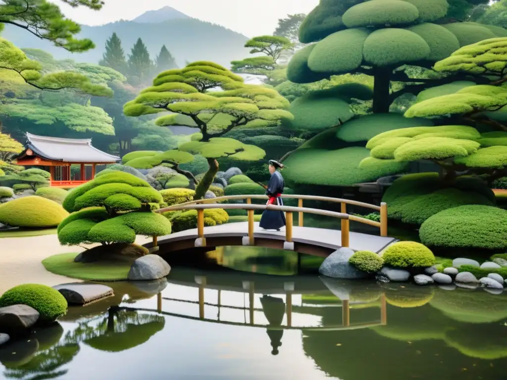 Samurai en Jardín Japonés al Amanecer Un samurai practica artes marciales en un tranquilo jardín japonés al amanecer, representando equilibrio y entrenamiento samurai