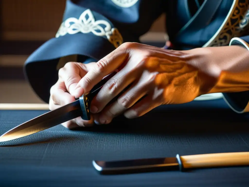 Un samurái concentra toda su atención al afilar su katana en un dojo japonés, reflejando los principios de Bushido en el Anime