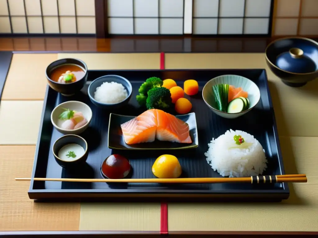 Un festín samurái: banquete tradicional japonés con exquisitos platos estacionales, en elegante mesa japonesa y tatami