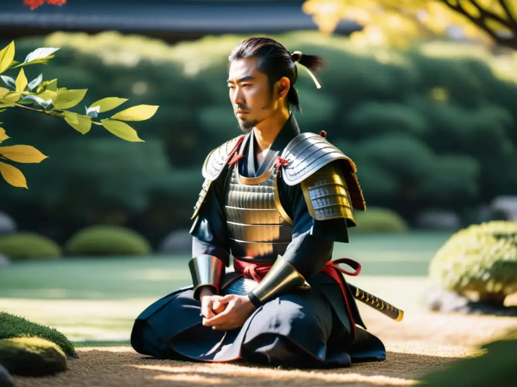 Un samurái en meditación, preparándose para la batalla con tácticas de guerra psicológica, rodeado de un sereno jardín japonés