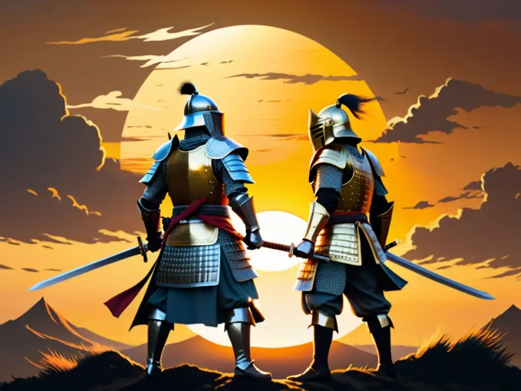 Samurái y caballero en un campo de batalla al atardecer, representando la comparación de códigos de honor entre ambos guerreros