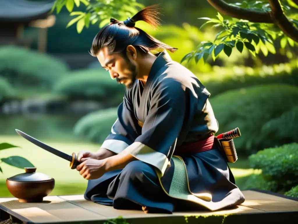 Un samurái japonés cuida su cabello en un jardín tranquilo, reflejando la tradición del aseo personal samurái