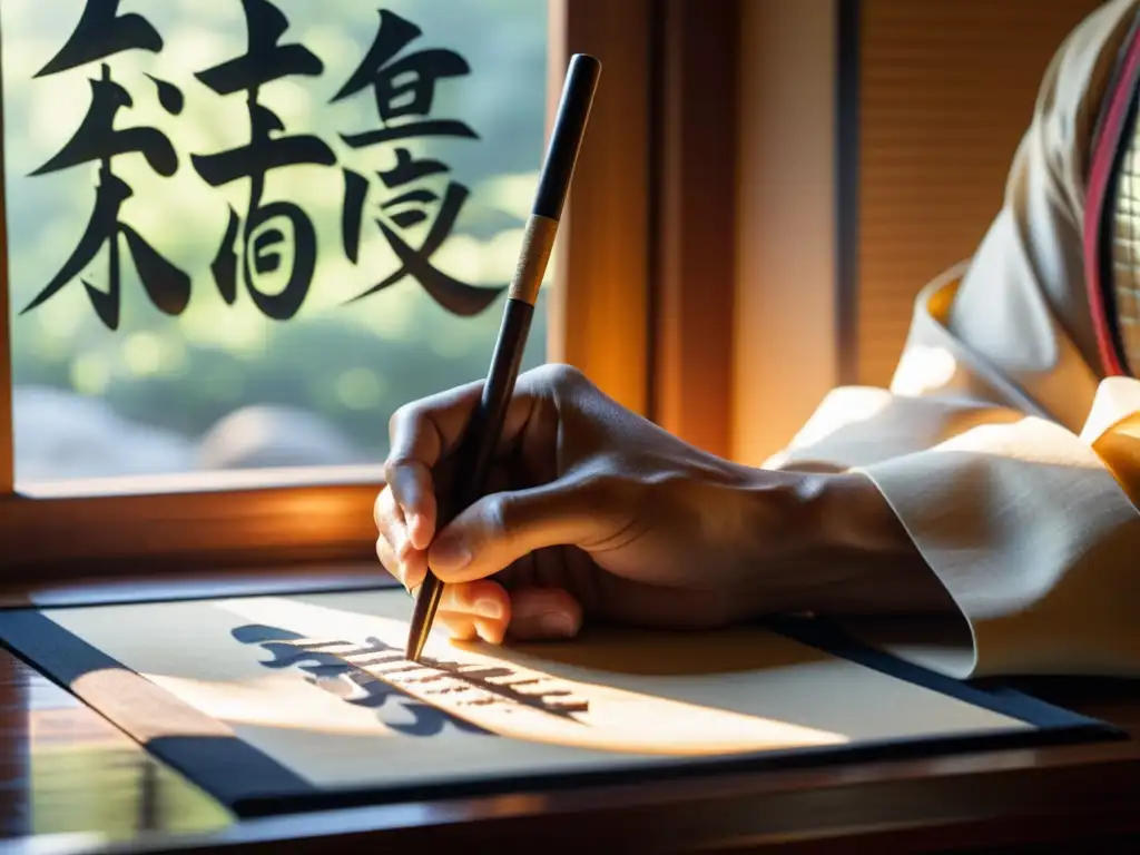 Un samurái se concentra intensamente mientras practica caligrafía, mostrando una conexión espiritual con la tradición japonesa