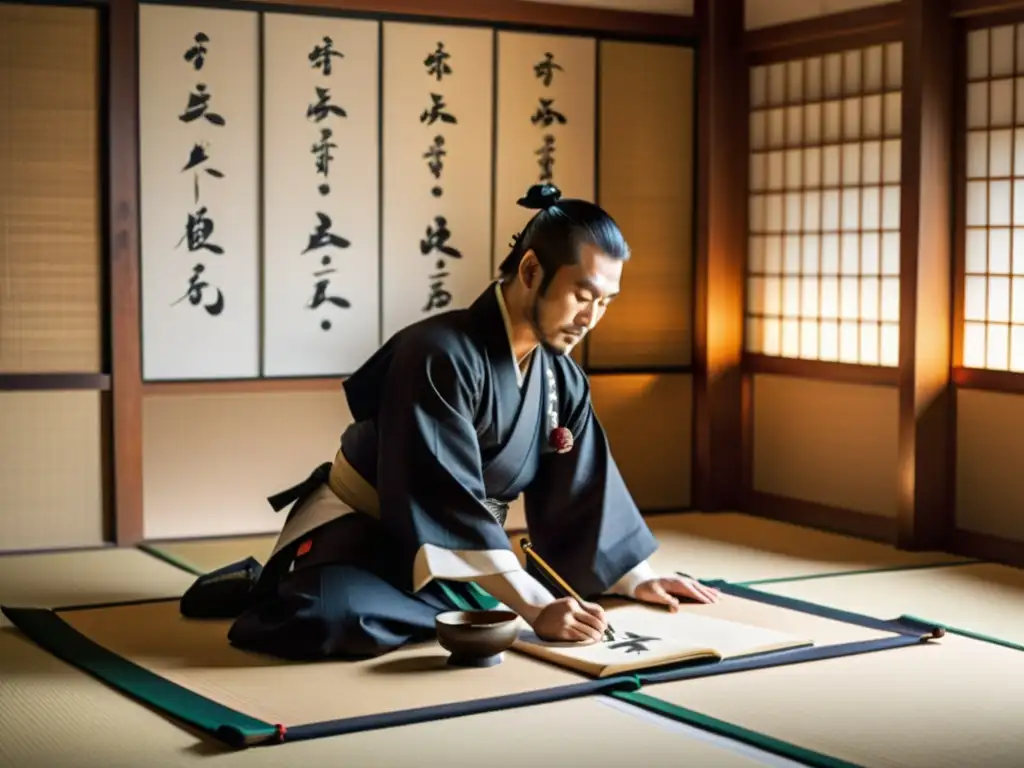 Un samurái practica caligrafía en una habitación tradicional con luz natural, Vida diaria samurái era Edo