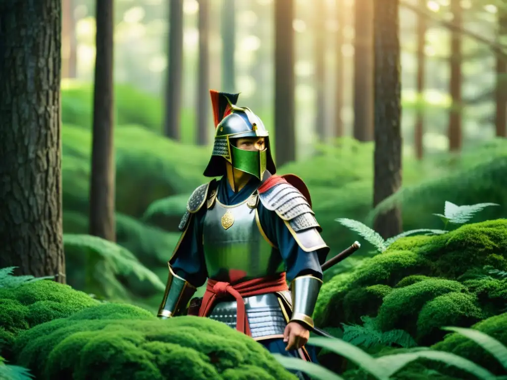 Un samurái expertamente camuflado en un denso bosque, demostrando técnicas de supervivencia samurai