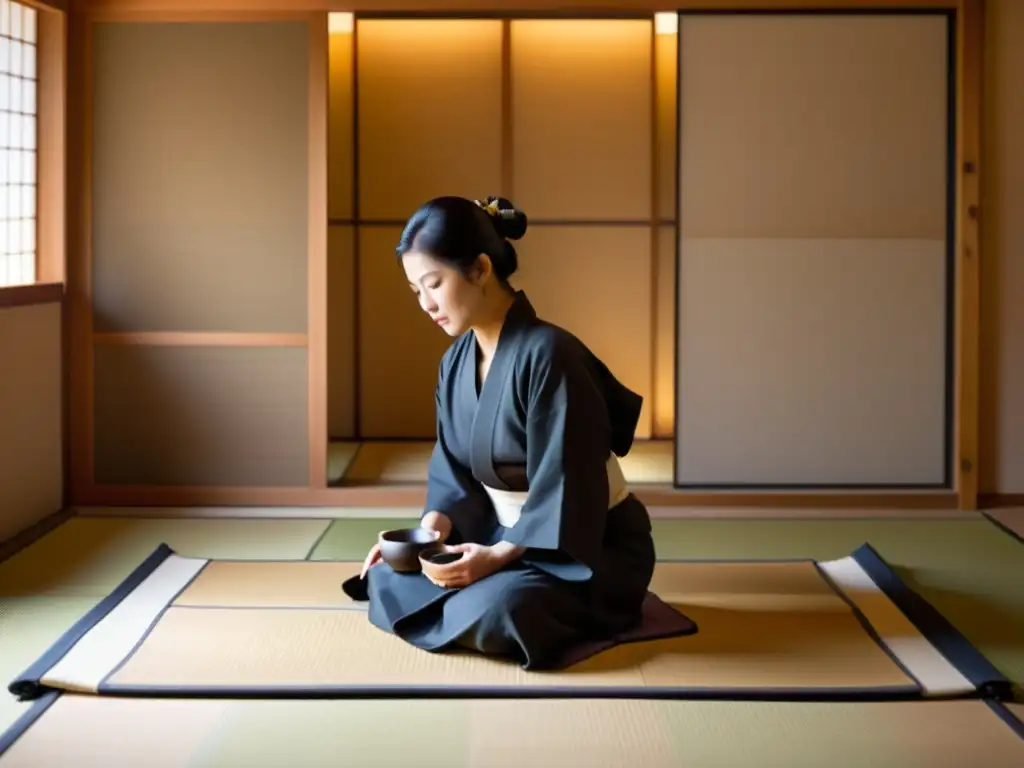 Un samurái practicando la ceremonia del té en una habitación serena y minimalista, transmitiendo reverencia y mindfulness