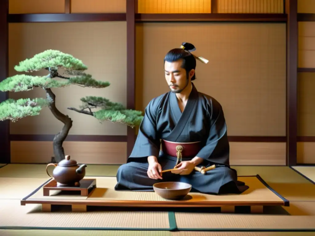 Un samurái realiza una ceremonia de té en una hermosa habitación tatami