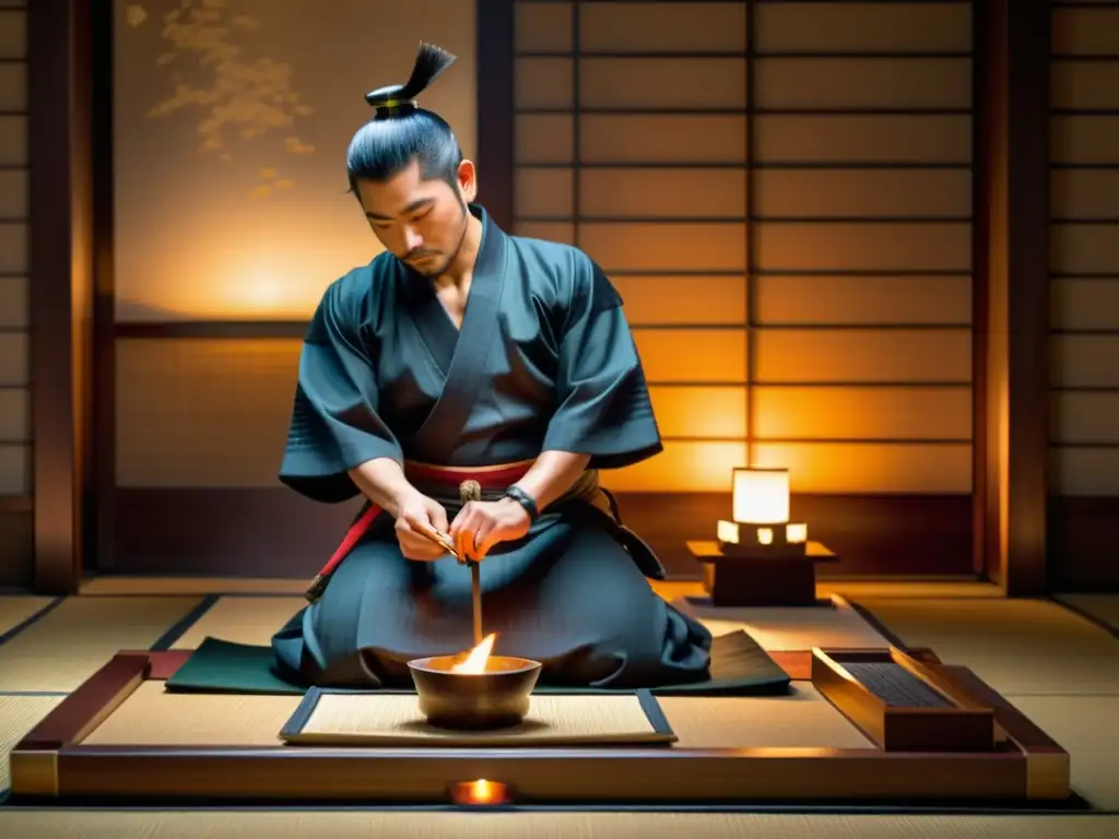 Un samurái realiza una ceremonia de incienso, resaltando la importancia del incienso en la cultura samurái