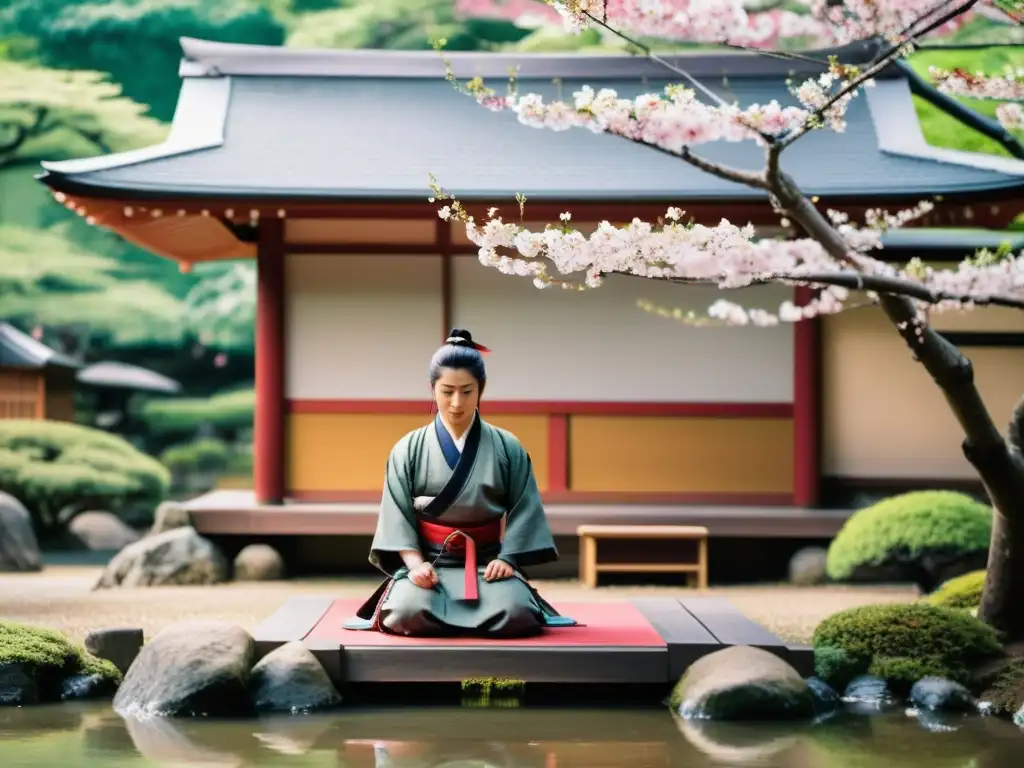 Un samurái preparándose para una ceremonia del té en un jardín japonés, destacando la fusión de tradición y honor