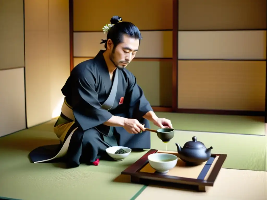 Un samurái observa una ceremonia del té japonesa en una sala de tatami, mostrando la importancia de las ceremonias y rituales sociedad samurái