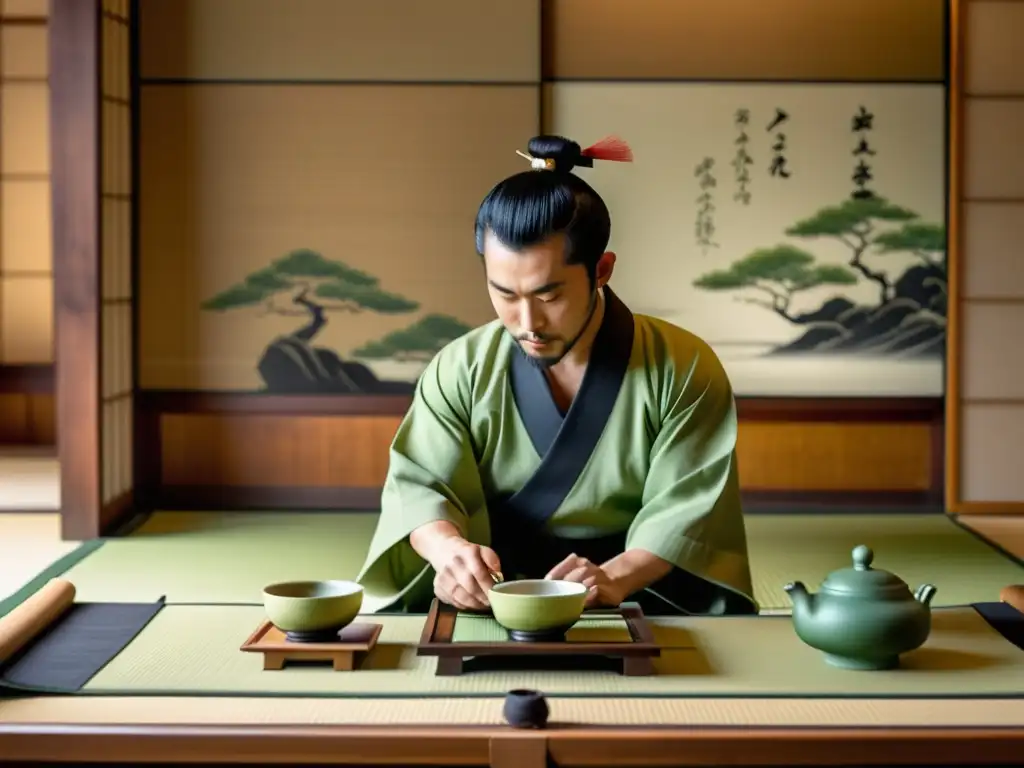 Un samurái prepara y sirve té matcha en una ceremonia japonesa tradicional, capturando la influencia samurái en la gastronomía mundial