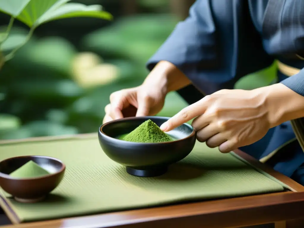 Un samurái realiza la ceremonia del té en un jardín sereno, evocando la filosofía samurái y estética efímera