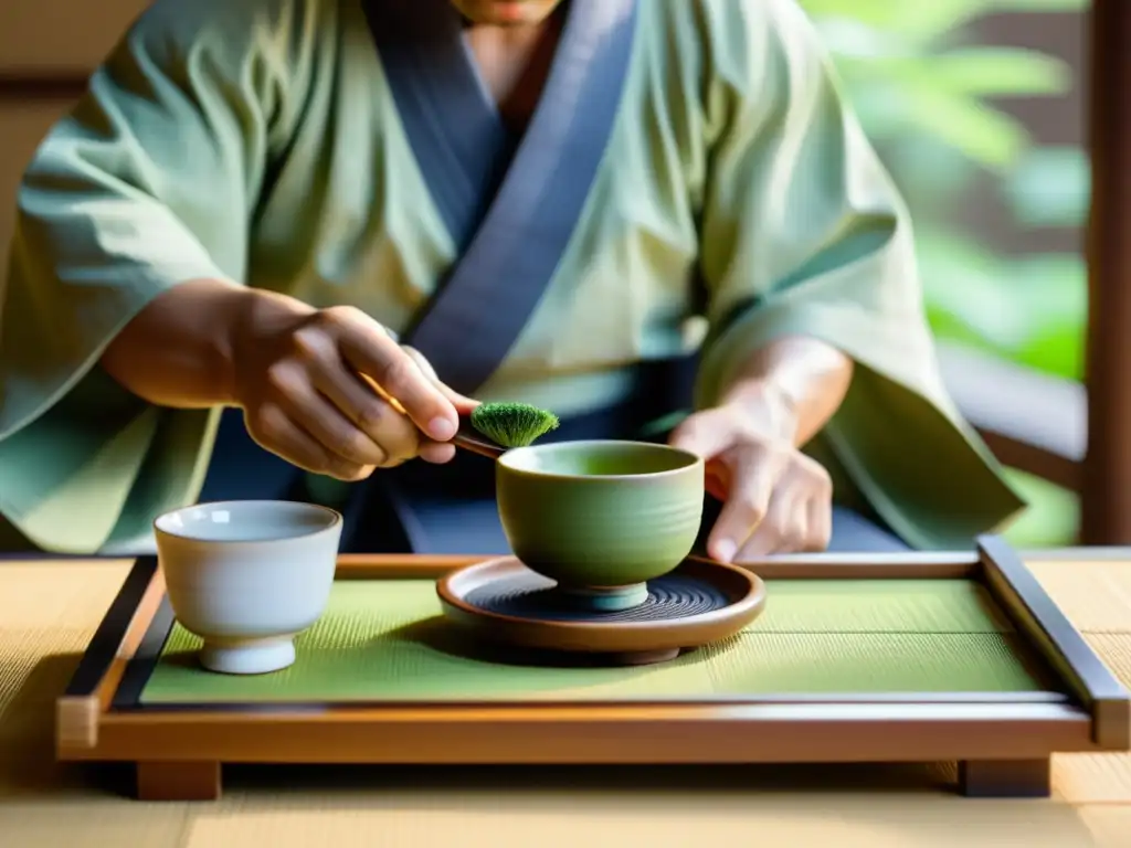 Un samurái realiza una ceremonia del té, vertiendo matcha en una taza, con luz natural filtrada por una pantalla shoji