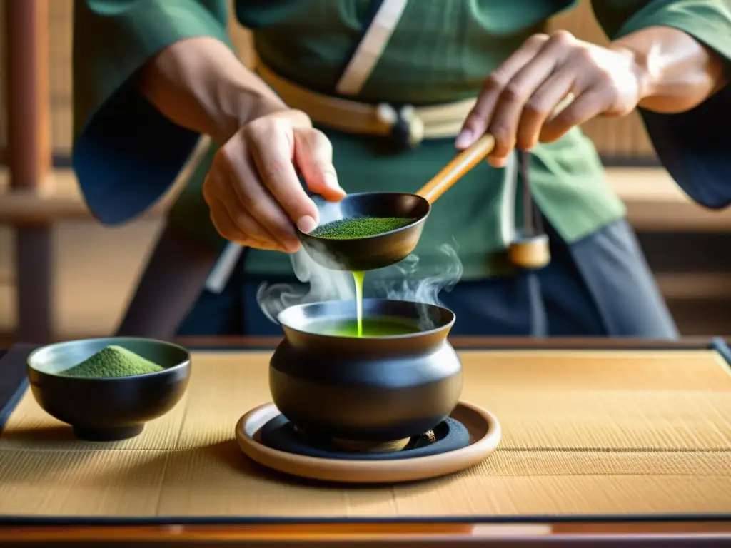 Un samurái realiza una ceremonia del té, destacando la solemnidad y la autenticidad histórica de las tradiciones de la sociedad samurái