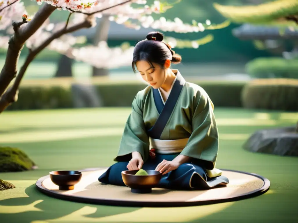 Un samurái realiza una ceremonia del té en un jardín tranquilo bajo la luz del sol entre los cerezos en flor