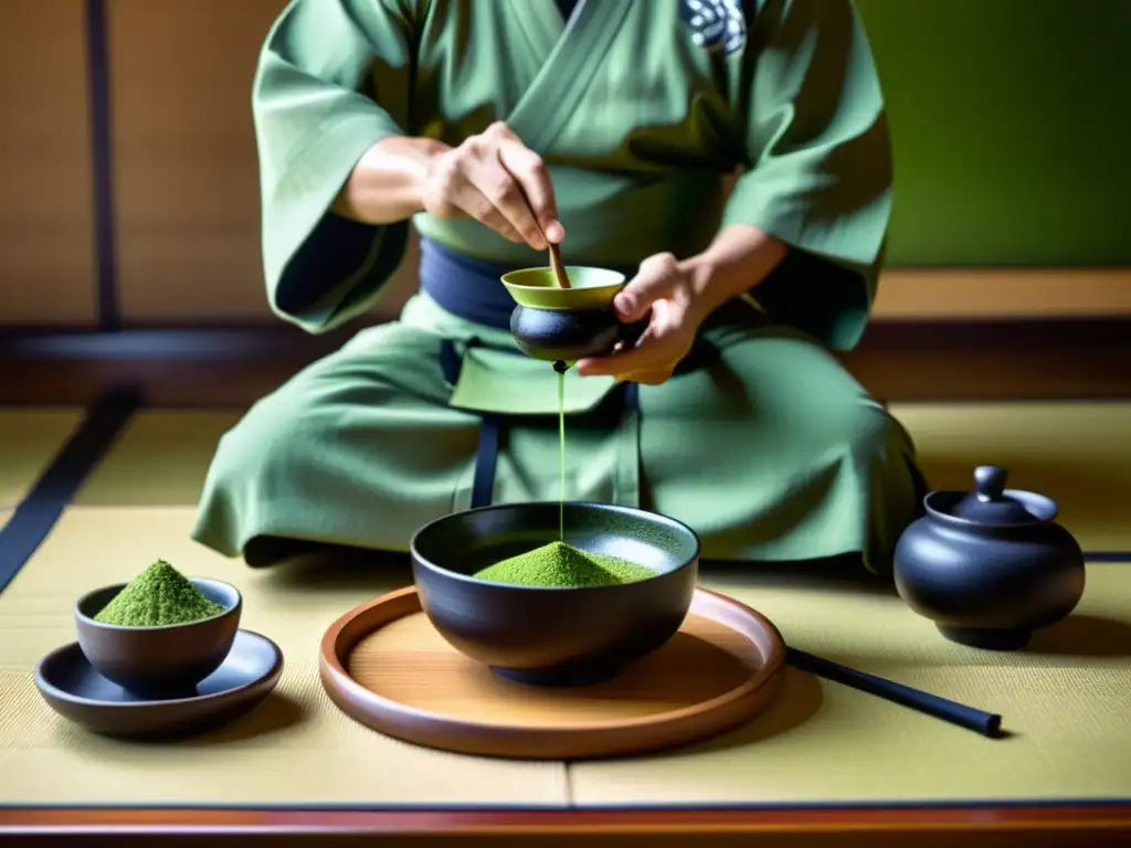 Un samurái prepara y disfruta el ceremonial té matcha, mostrando la meticulosidad de la dieta tradicional japonesa