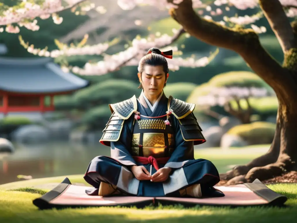 Un samurái meditando bajo un cerezo en un jardín japonés, irradiando paz