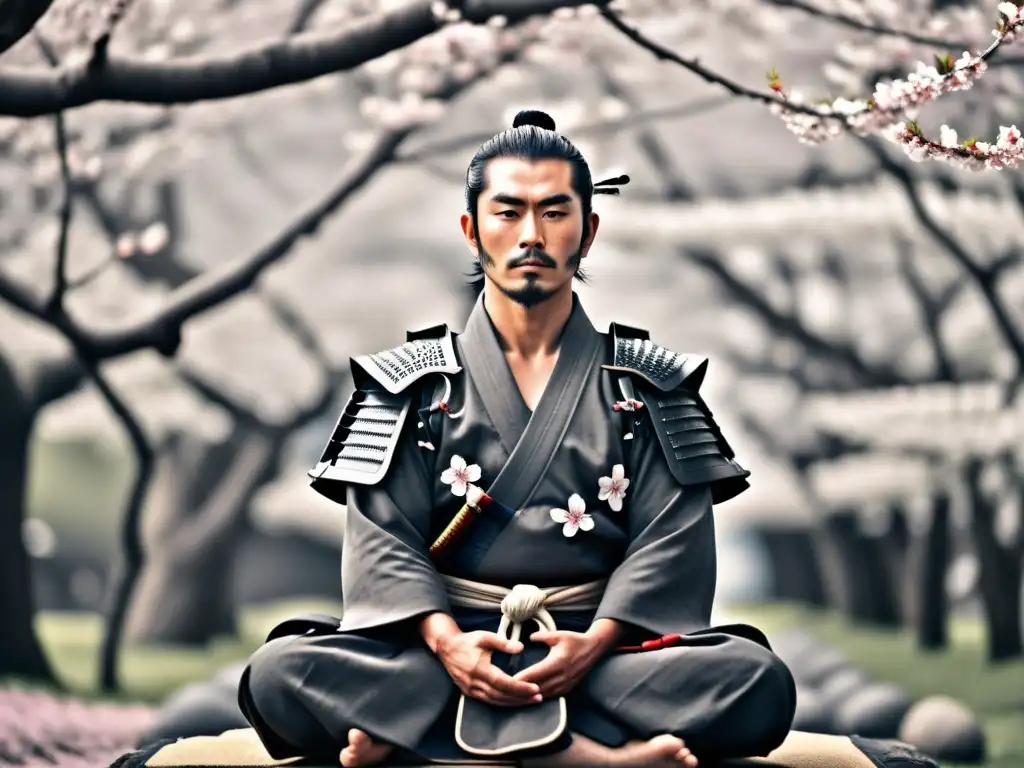 Un samurái meditando en un jardín de cerezos en flor, transmite influencia zen y tácticas de guerra con determinación y serenidad