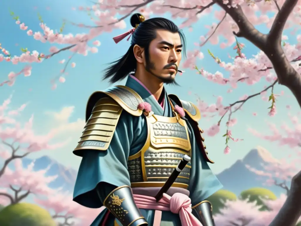 Samurái entre cerezos en flor: pintura hiperrealista Un samurái en un jardín de cerezos en flor, fusionando surrealismo y tradición