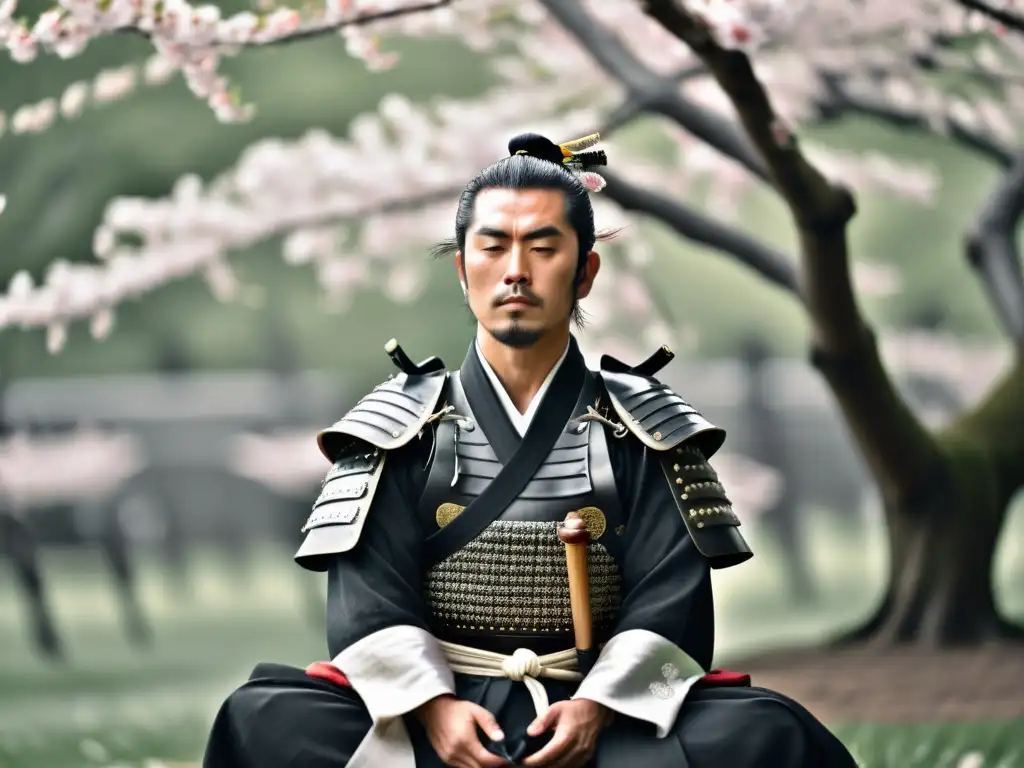 Un samurái meditando entre cerezos en flor