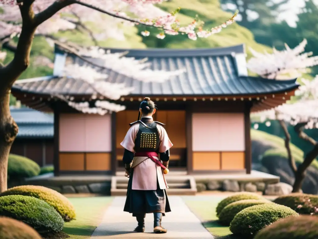 Un samurái en un jardín de cerezos, evocando la influencia del cine en videojuegos samurái
