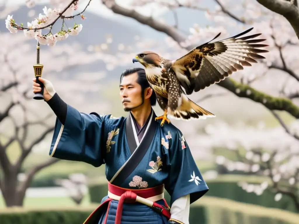 Un samurái practica cetrería con un halcón majestuoso en un jardín tranquilo